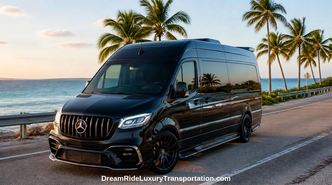 Custom-built Mercedes Sprinter limo on the Overseas Highway to Key West