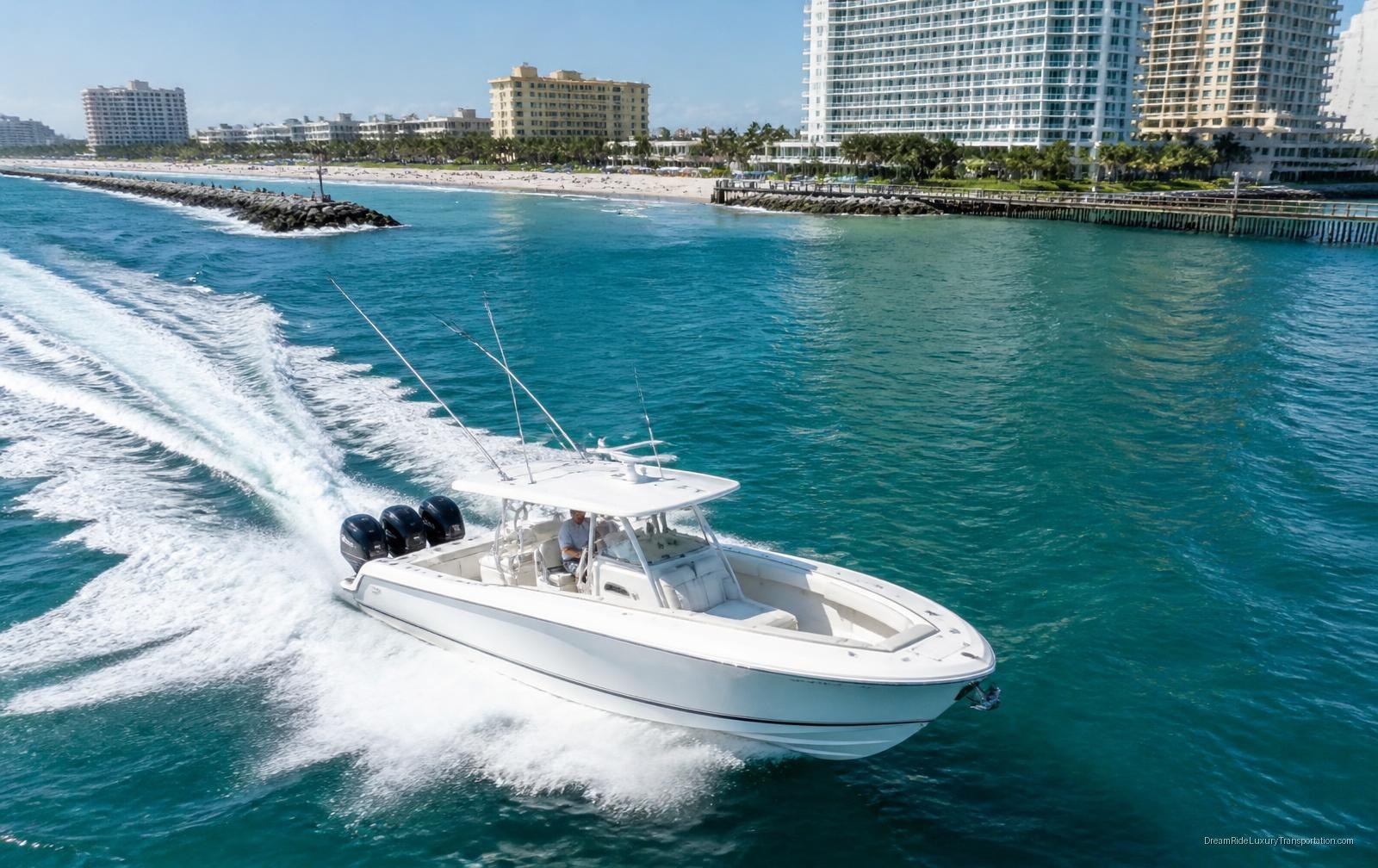 Aerial view of the DreamRide charter yacht running the Port Everglades inlet in Fort Lauderdale