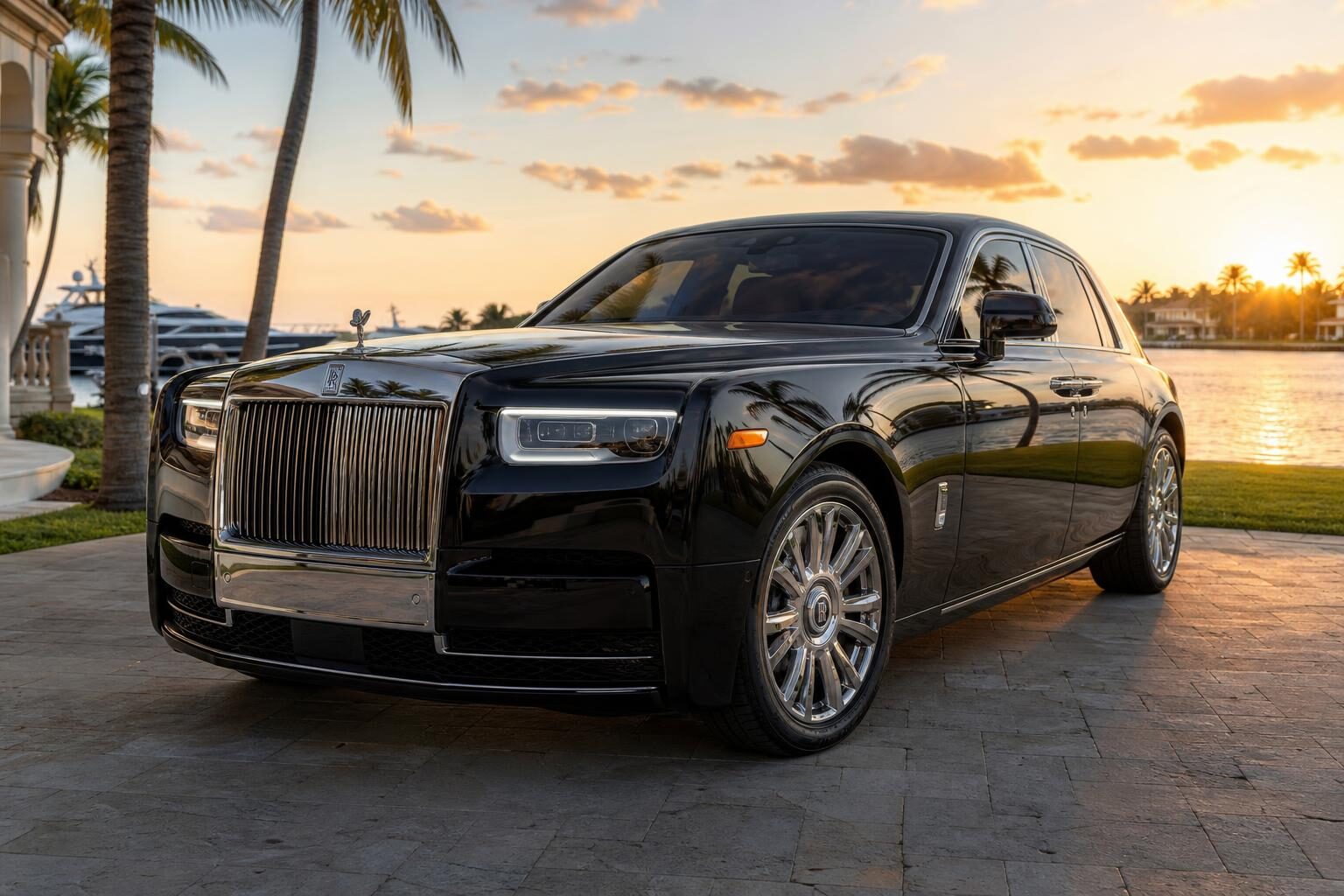 Black DreamRide Rolls-Royce Phantom luxury sedan, a quiet and dignified choice for funeral transportation in Florida